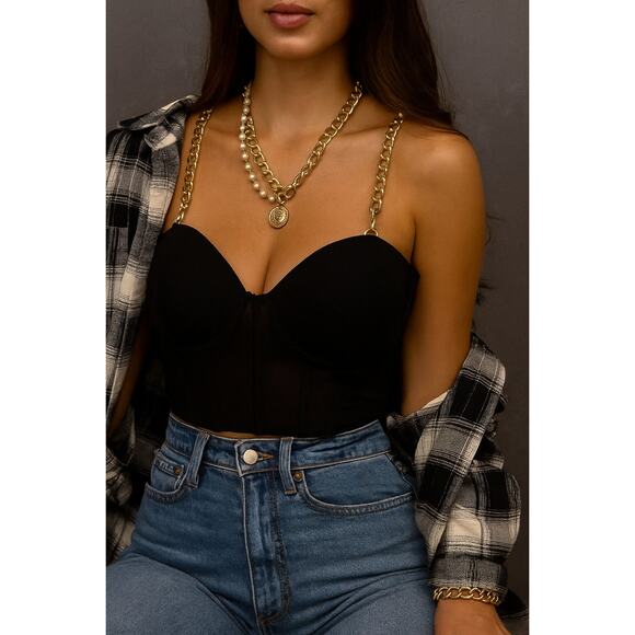 Say What Black Chain Strap Bustier Crop Top Women’s Small Adjustable Zip - Picture 1 of 9